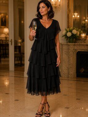 USA made Multi Tiered Chiffon Cocktail Dress, Black, Size 14 P